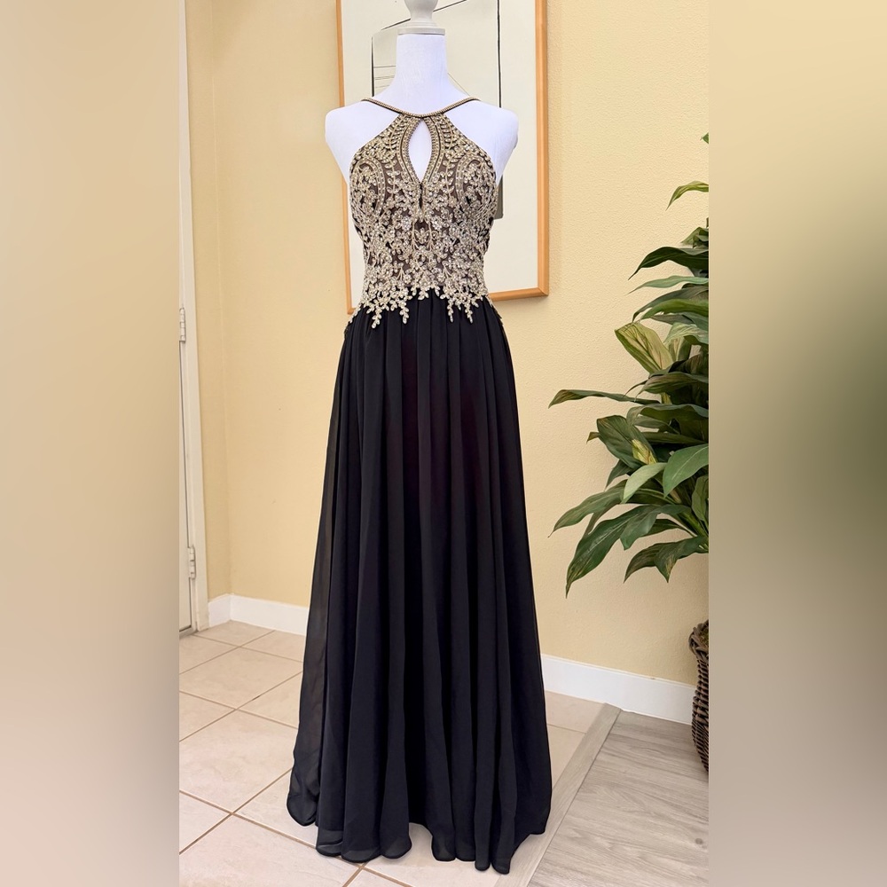 Dave & Johnny Black Gown with Gold Embellished Bodice Halter